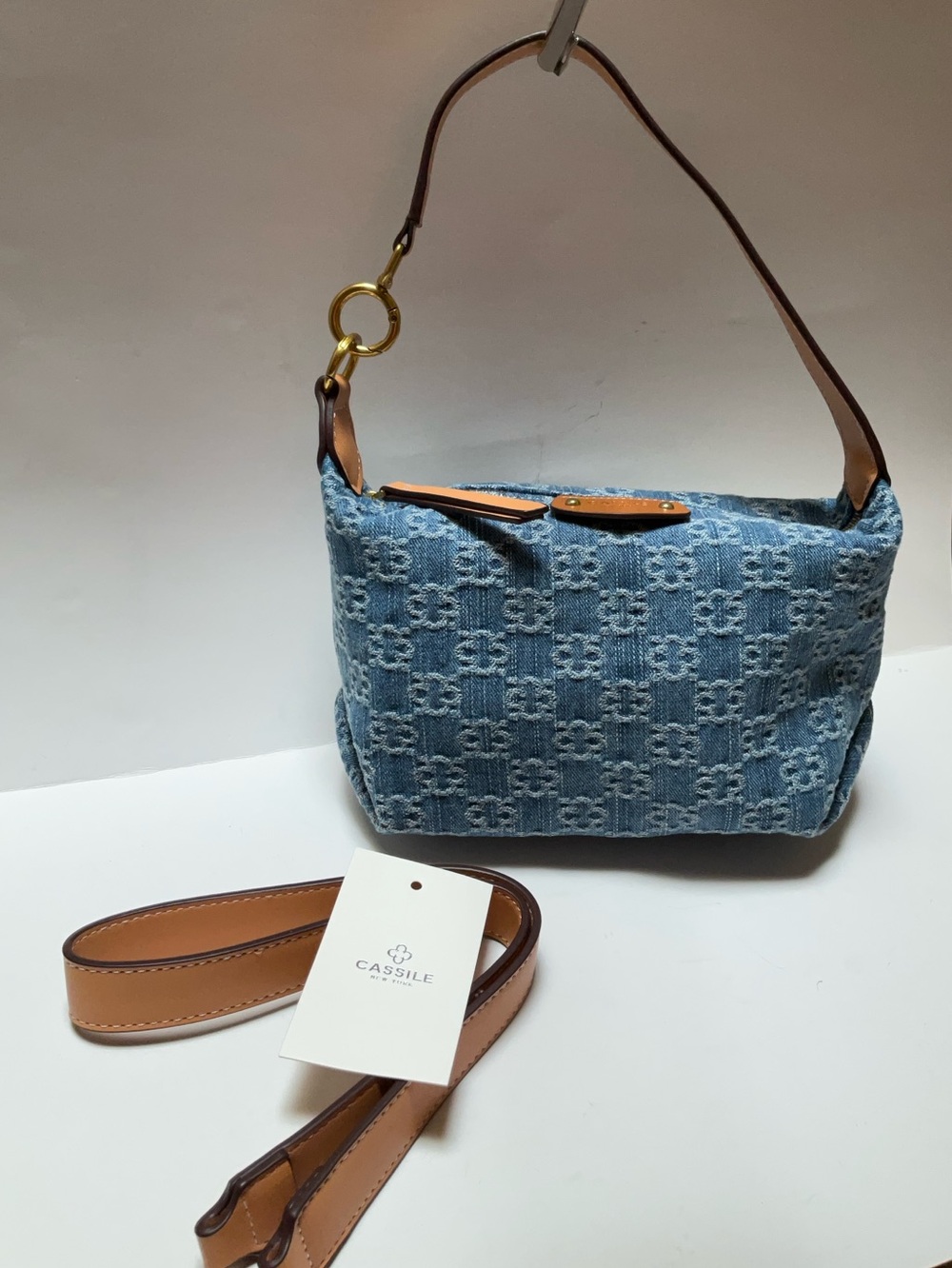 CASSILE New York Light Blue Denim Handbag Tan PU Leather Trim pattern monogram